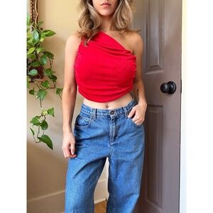 Chic Red One Shoulder Ruched Crop Top